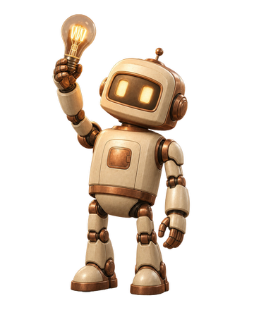 Robot podnoszący świecącą żarówkę